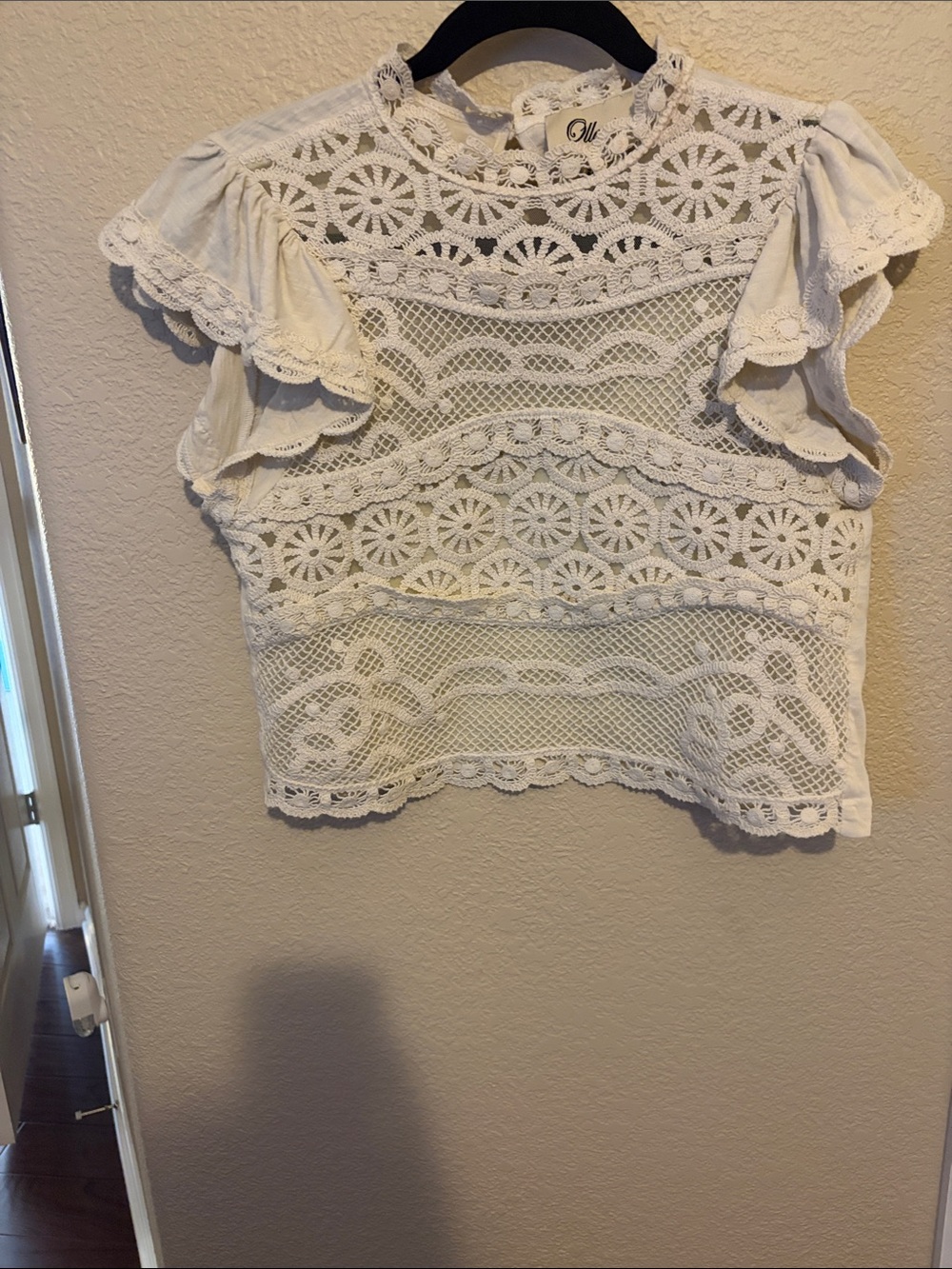 Crochet Lace Ruffle Sleeve Blouse - White
